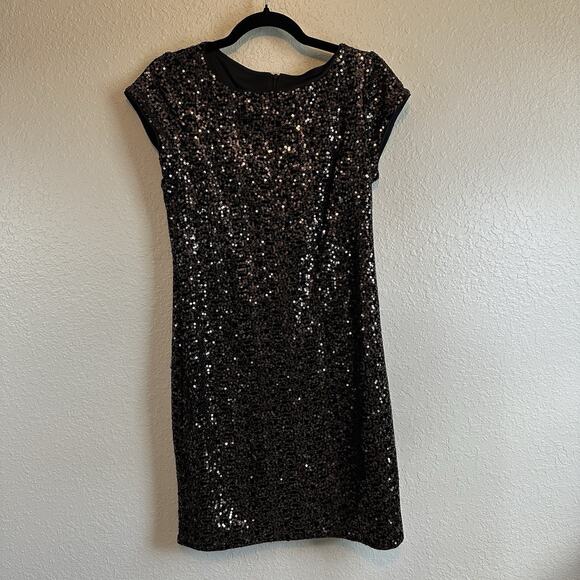 Eliza J Dresses & Skirts - ELIZA J Sequin Dress Size 6 Cap Sleeve Black Bronze Holiday Festive Stretch